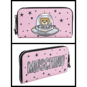 💕MOSCHINO💕 Space Ship Bear Zip Around Wallet Pink NWT 100% Leather